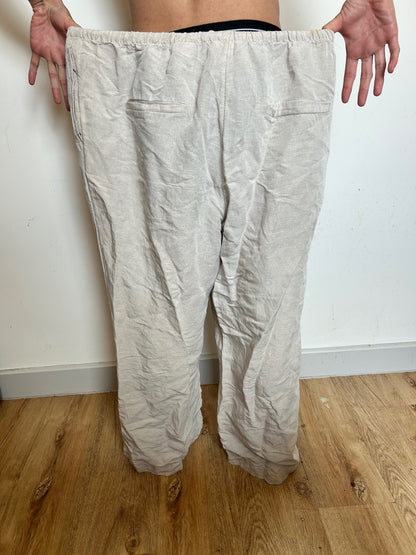 Linen Blend Wide Leg Drawstring Trousers | Relaxed Beige Summer Trousers XL
