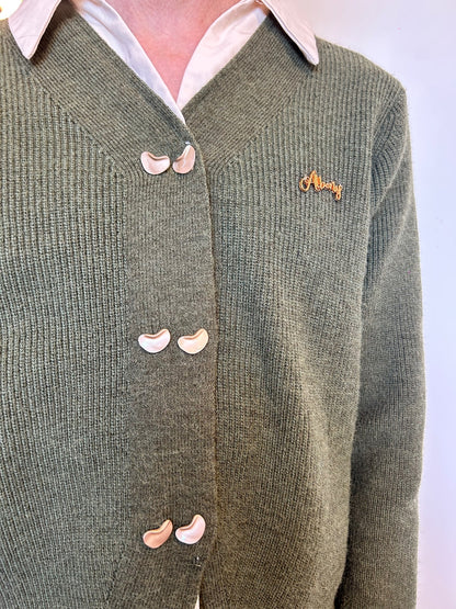 Vintage Olive Green Knit Cardigan | Pearl Button Sweater | Dark Academia
