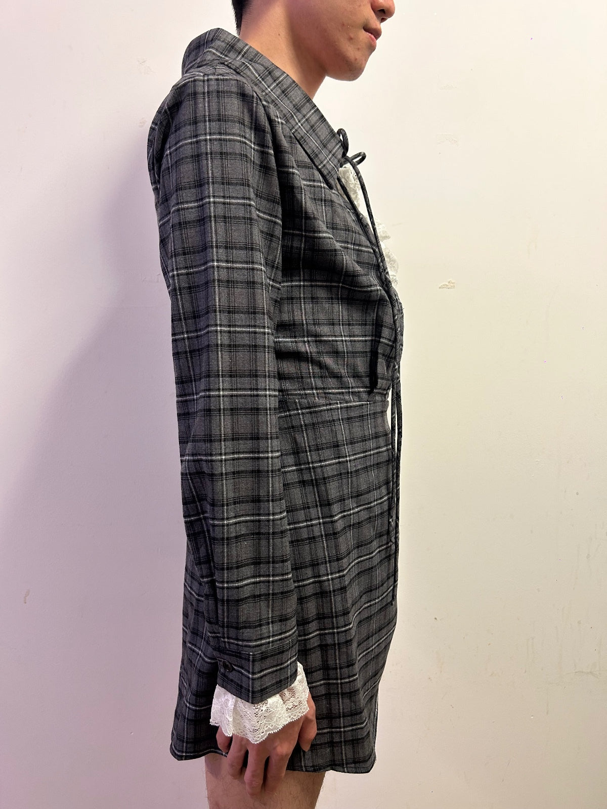 Korean Grey Plaid Lace Cuff Mini Dress Dark Academia UK 14
