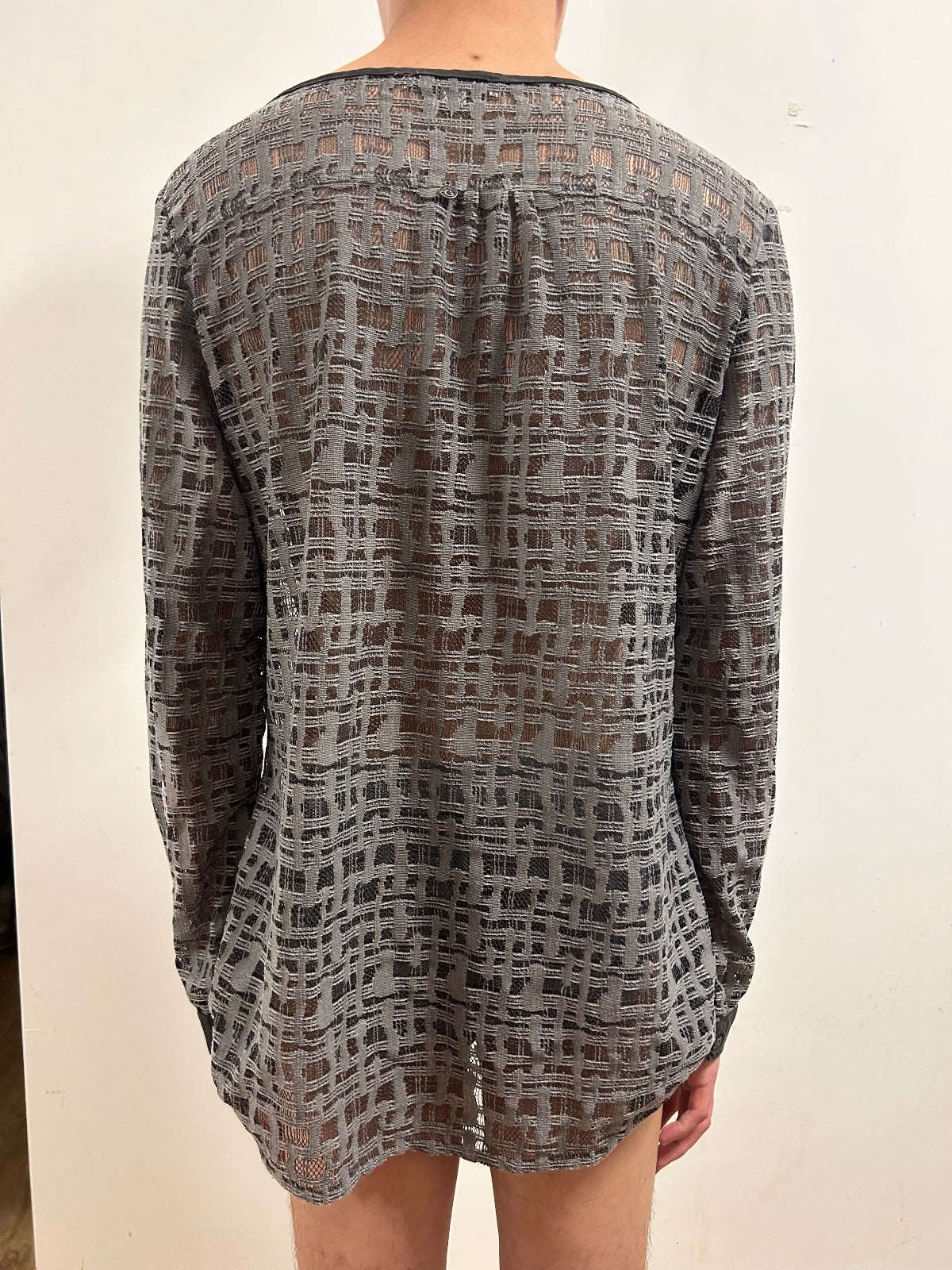 Comma Casual Identity Open-Weave Knit Top EU 40 Grey Semi-Sheer Long Sleeve