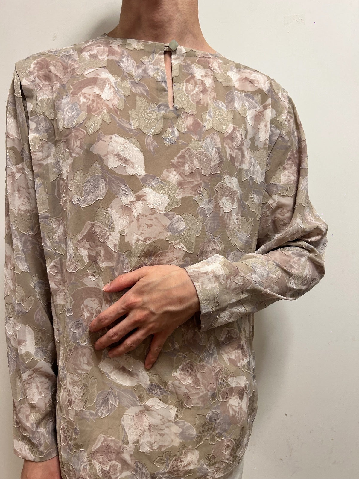 French Vintage Floral Blouse UK 16 Romantic Textured Long Sleeve  Neutral Beige