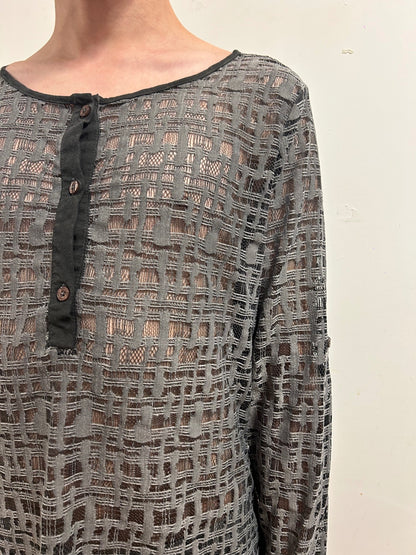 Comma Casual Identity Open-Weave Knit Top EU 40 Grey Semi-Sheer Long Sleeve