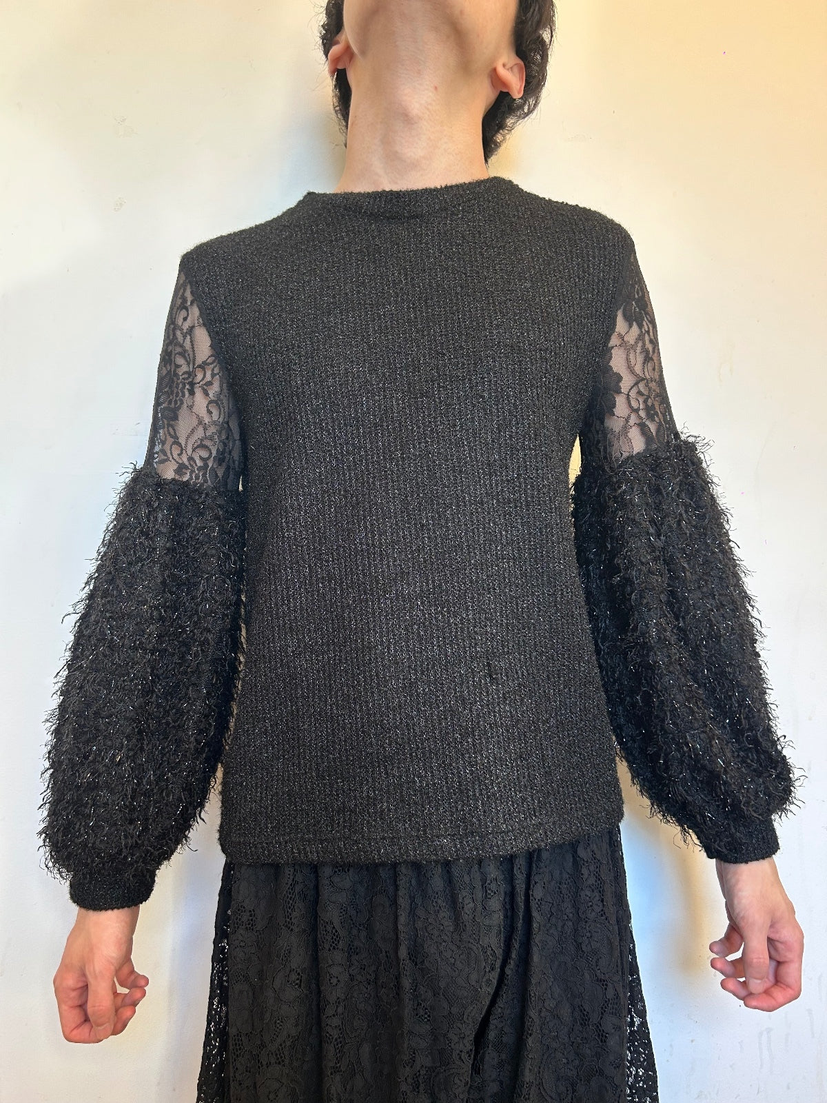 Black Lace Balloon Sleeve Knit Jumper | Sheer Floral Lace Gothic RomantiSweater