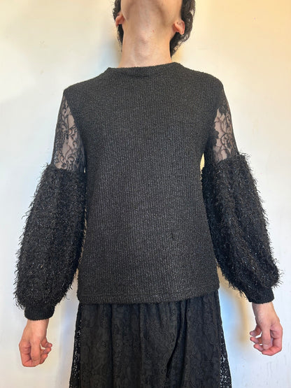 Black Lace Balloon Sleeve Knit Jumper | Sheer Floral Lace Gothic RomantiSweater