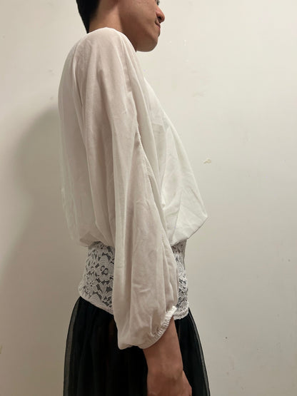 Elegant Ivory Sheer Zip Blouse | Relaxed Balloon Sleeves | Size L