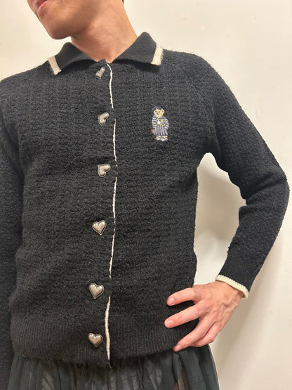 Teenie Weenie Teddy Bear Heart Button Bouclé Knit Cardigan | Size 165/88A