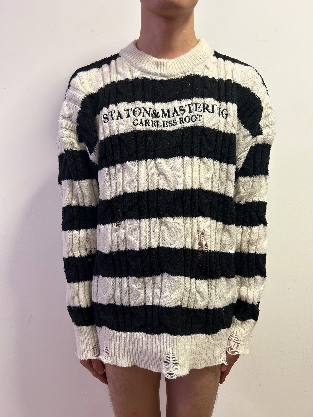 Oversized Distressed Cable Knit Striped Jumper Black White Grunge JapaneseStyle