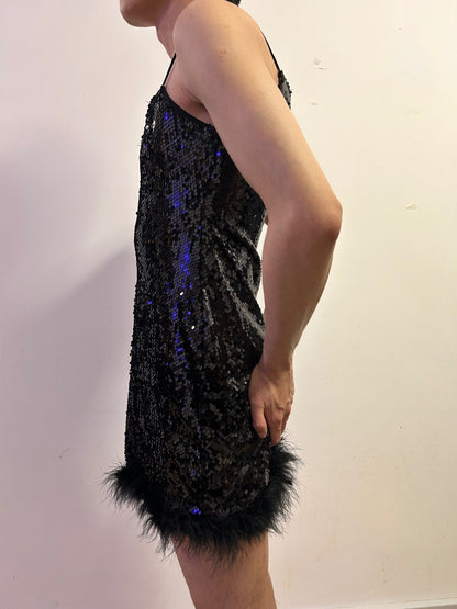 Italian Black Sequin Feather Hem Slip Dress | Size M  Evening Glamour Mini Dress