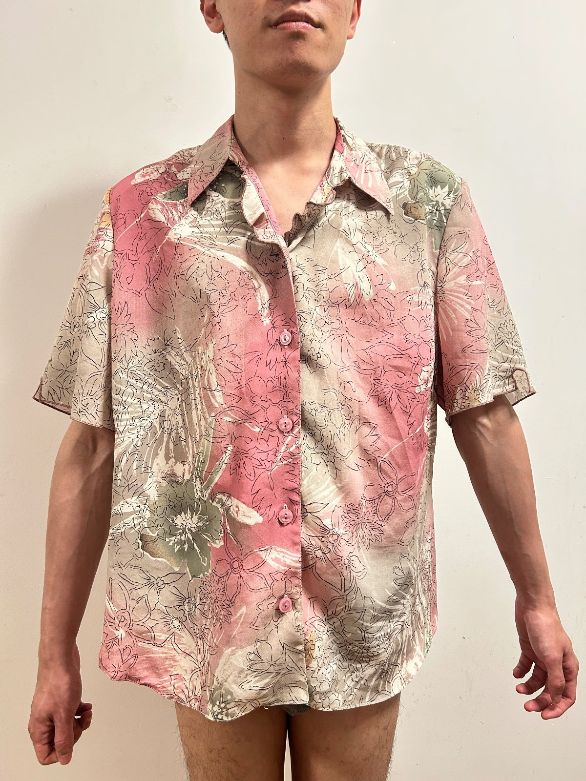 Vintage Setterlady Floral Blouse 44 UK 16)Pink Botanical Short Sleeve Shirt
