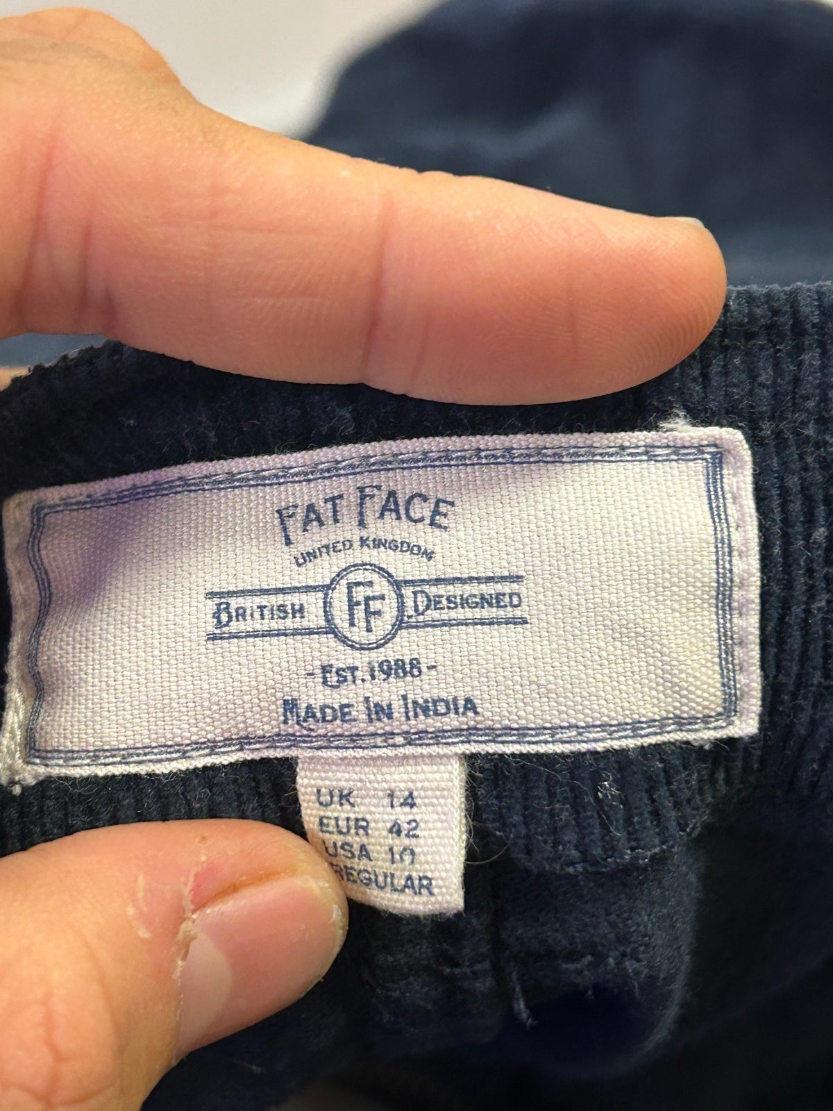 FatFace Navy Corduroy Straight Leg Trousers | UK 14 British Soft Cotton Blend