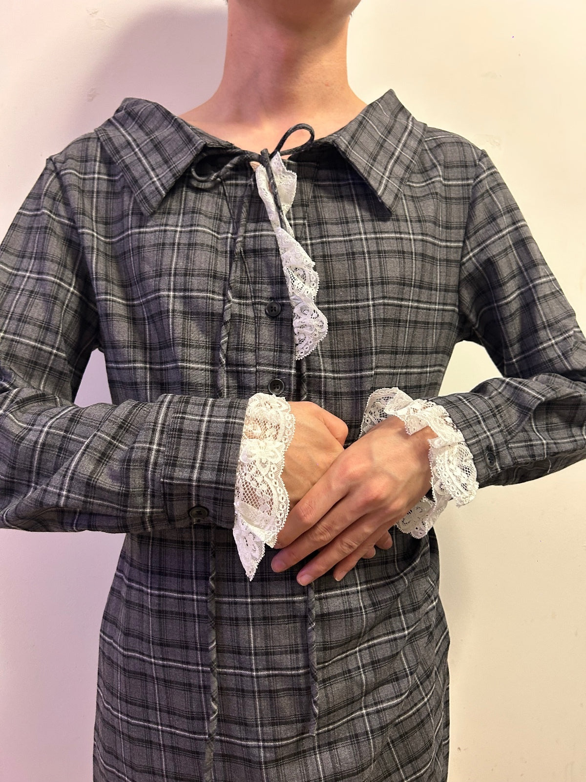 Korean Grey Plaid Lace Cuff Mini Dress Dark Academia UK 14
