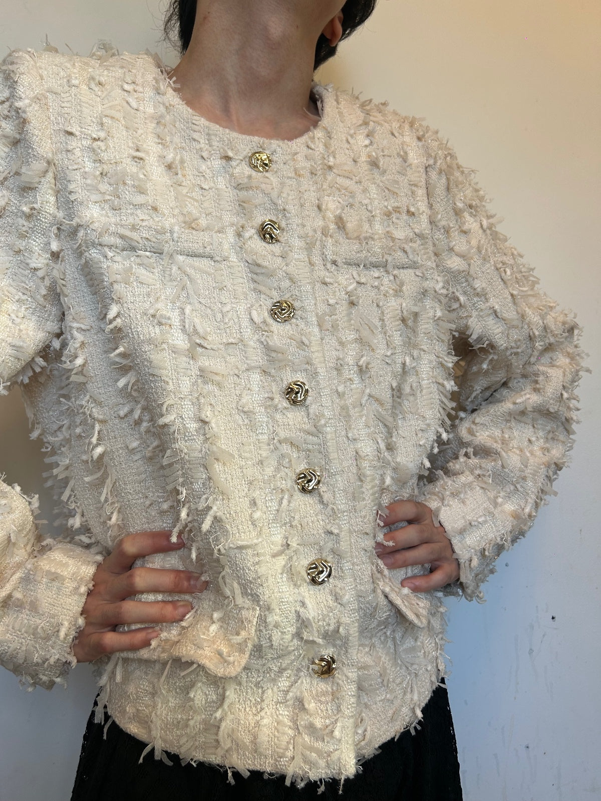 NEXT Premium Cream Bouclé Tweed Jacket Gold Button Textured Blazer UK 20