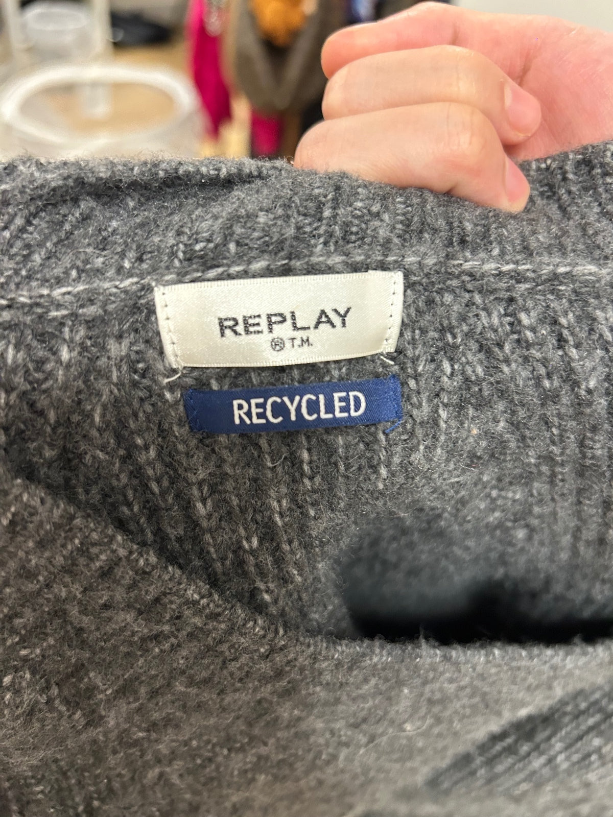 Replay Recycled Grey V-Neck Knit Jumper | Size L