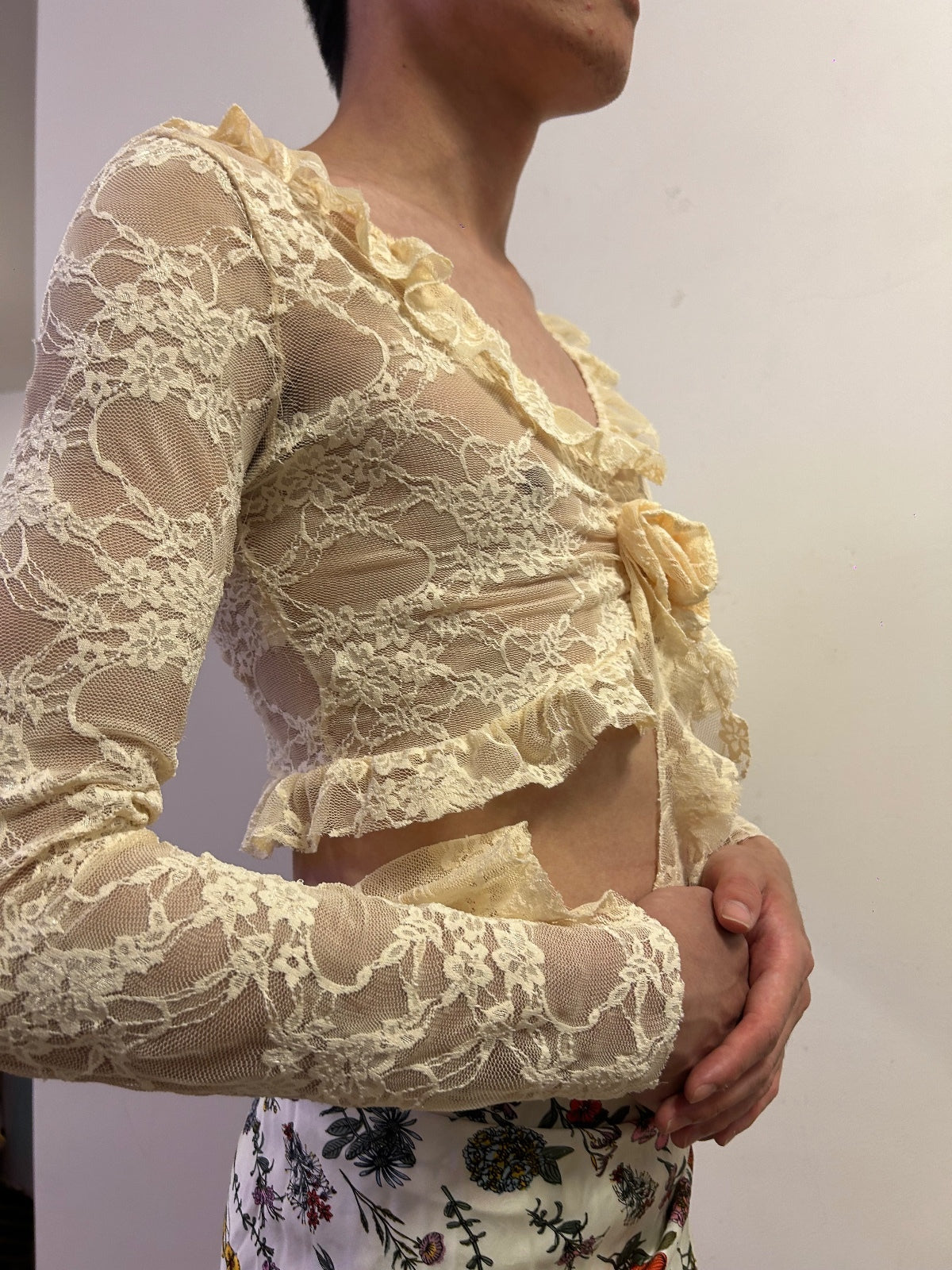 Ivory Lace Tie Front Cropped Cardigan | Balletcore Coquette Top S