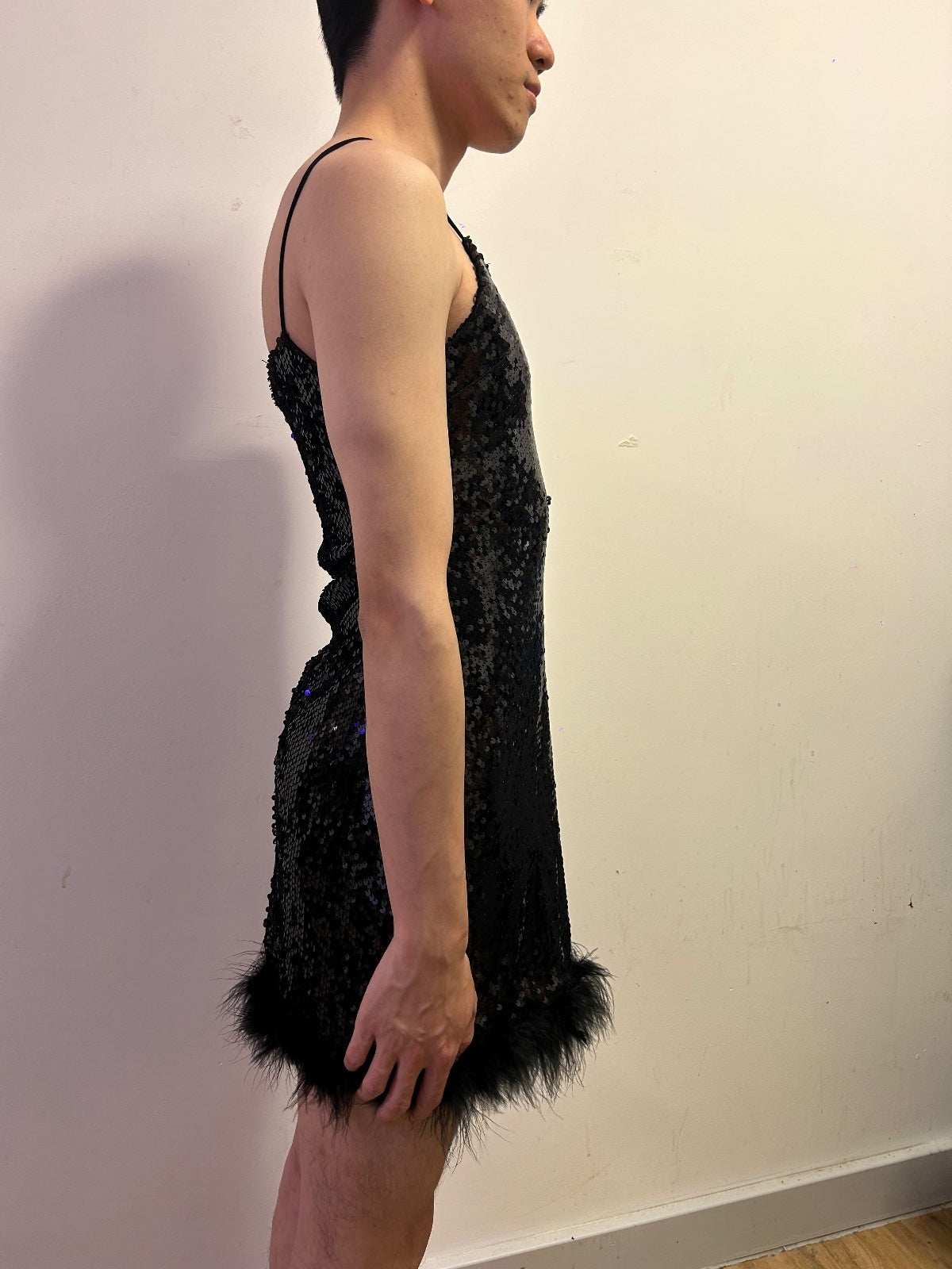Italian Black Sequin Feather Hem Slip Dress | Size M  Evening Glamour Mini Dress