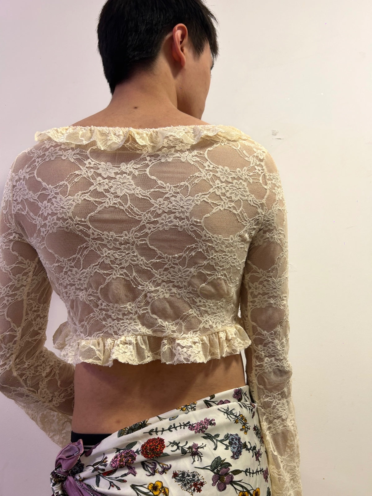 Ivory Lace Tie Front Cropped Cardigan | Balletcore Coquette Top S