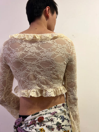 Ivory Lace Tie Front Cropped Cardigan | Balletcore Coquette Top S