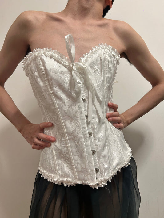 Ivory Satin Jacquard Lace-Up Corset Bustier | XXL Victorian Coquette Bridal Top