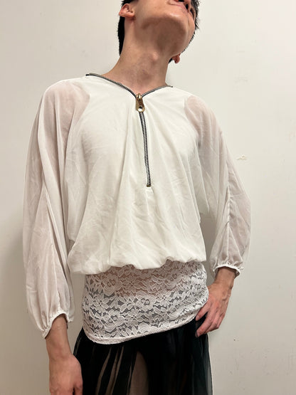 Elegant Ivory Sheer Zip Blouse | Relaxed Balloon Sleeves | Size L