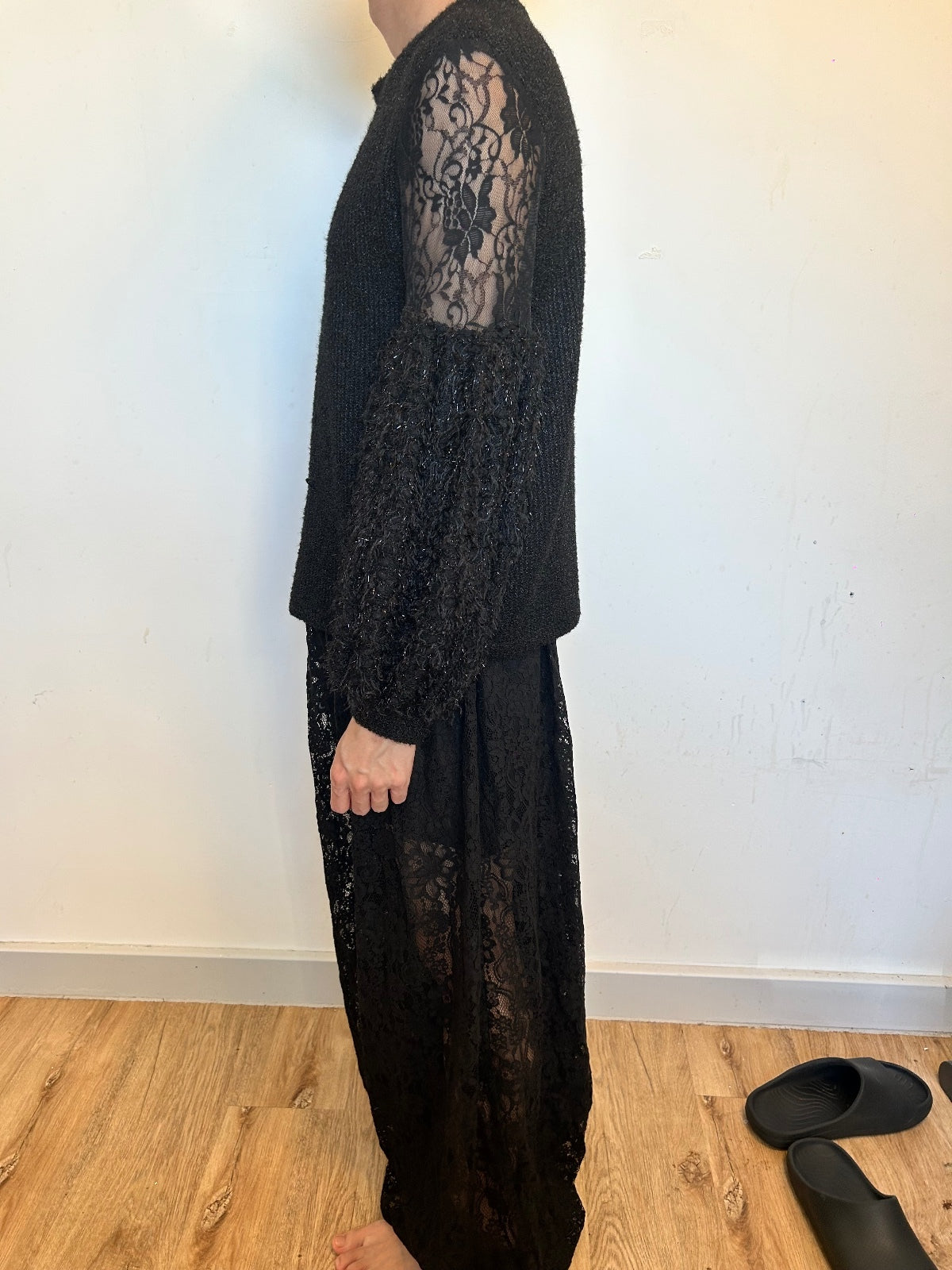 Black Lace Balloon Sleeve Knit Jumper | Sheer Floral Lace Gothic RomantiSweater