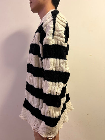 Oversized Distressed Cable Knit Striped Jumper Black White Grunge JapaneseStyle