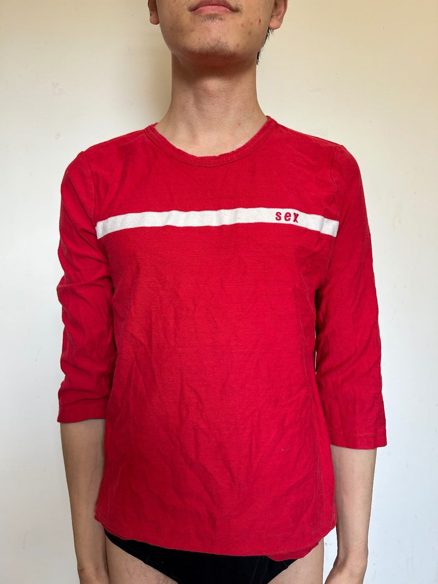 Desigual Red Graphic Long Sleeve Cotton Top | Statement Logo Stripe Tee L