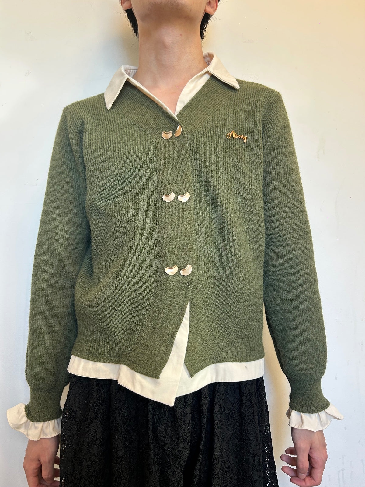 Vintage Olive Green Knit Cardigan | Pearl Button Sweater | Dark Academia