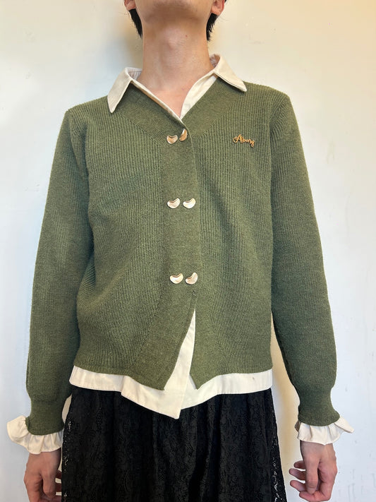 Vintage Olive Green Knit Cardigan | Pearl Button Sweater | Dark Academia