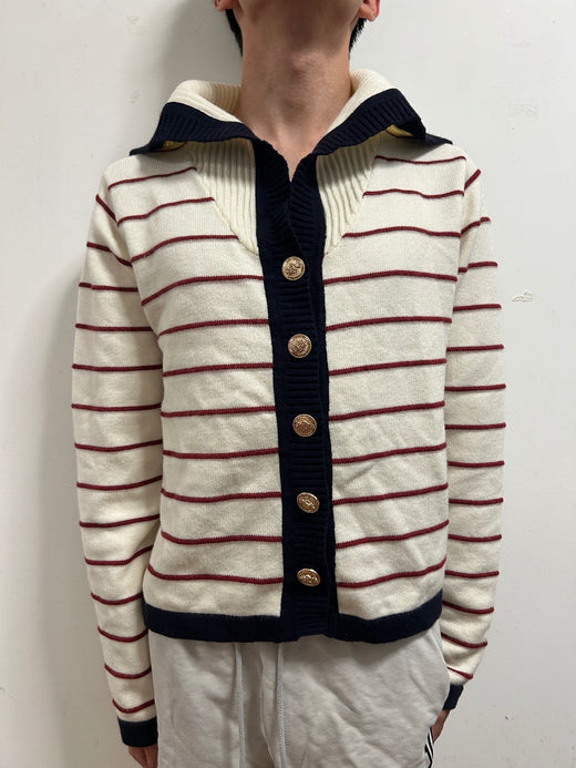 NPAUD Breton Stripe Knit Cardigan │ Gold Button │ Size L