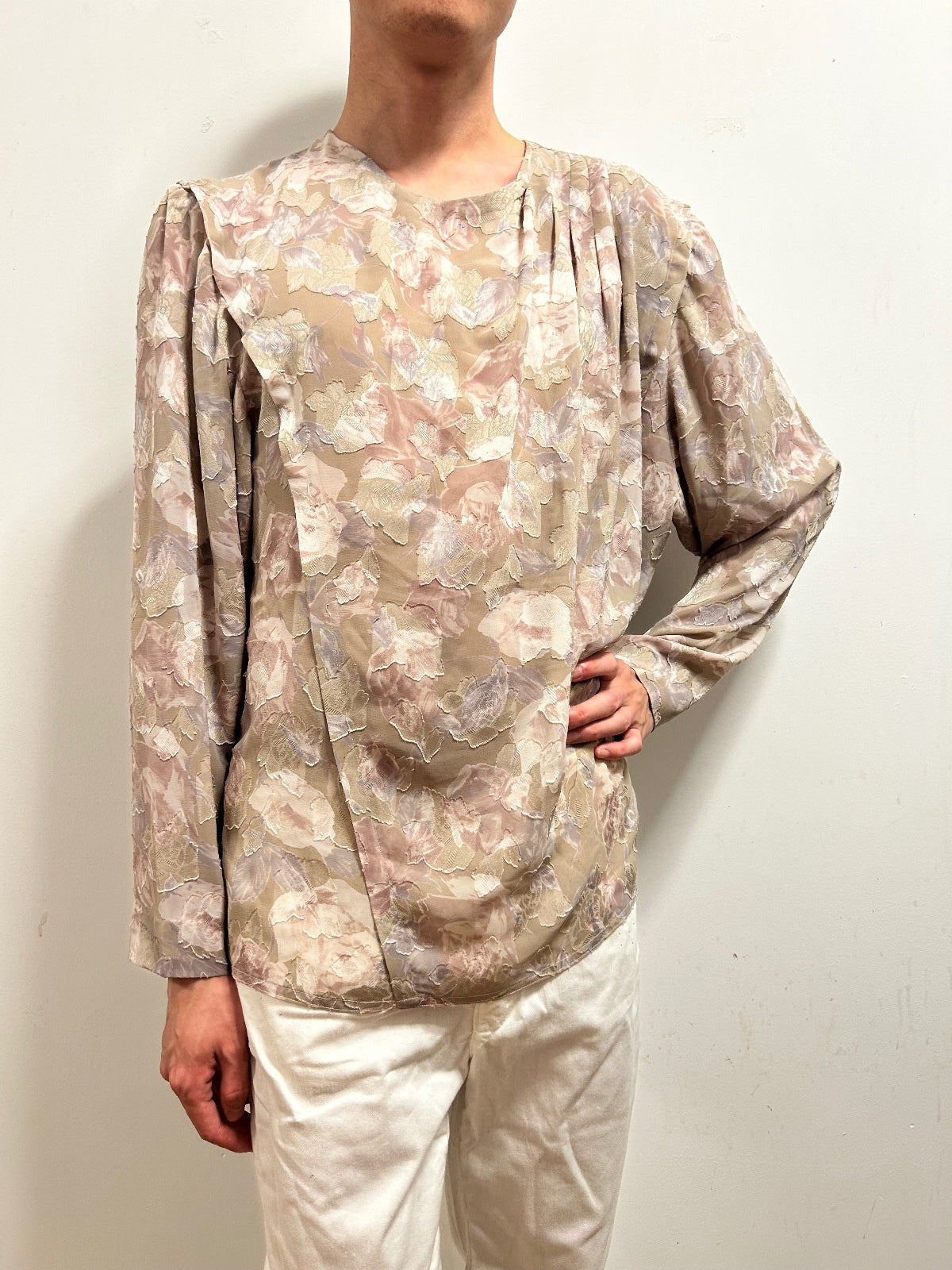 French Vintage Floral Blouse UK 16 Romantic Textured Long Sleeve  Neutral Beige