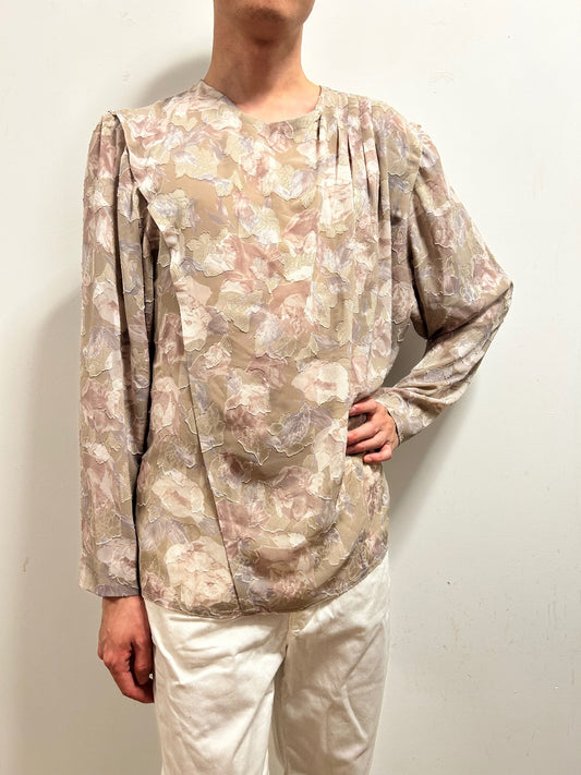 French Vintage Floral Blouse UK 16 Romantic Textured Long Sleeve  Neutral Beige