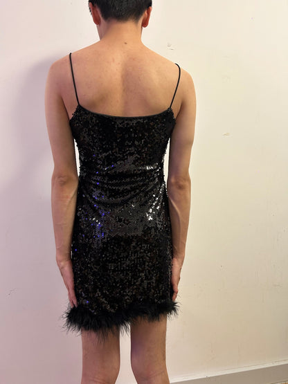 Italian Black Sequin Feather Hem Slip Dress | Size M  Evening Glamour Mini Dress