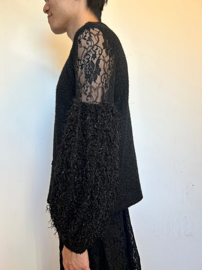 Black Lace Balloon Sleeve Knit Jumper | Sheer Floral Lace Gothic RomantiSweater