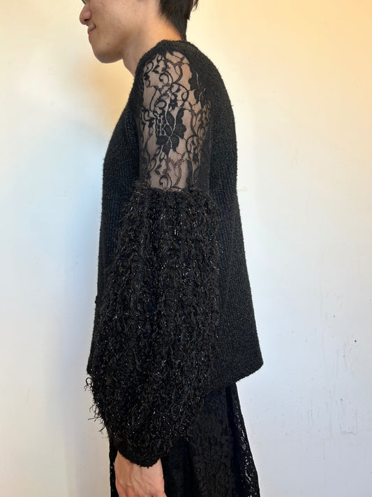 Black Lace Balloon Sleeve Knit Jumper | Sheer Floral Lace Gothic RomantiSweater
