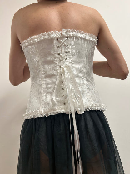 Ivory Satin Jacquard Lace-Up Corset Bustier | XXL Victorian Coquette Bridal Top