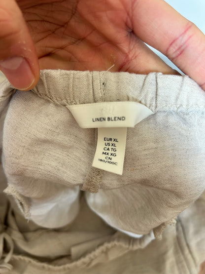 Linen Blend Wide Leg Drawstring Trousers | Relaxed Beige Summer Trousers XL