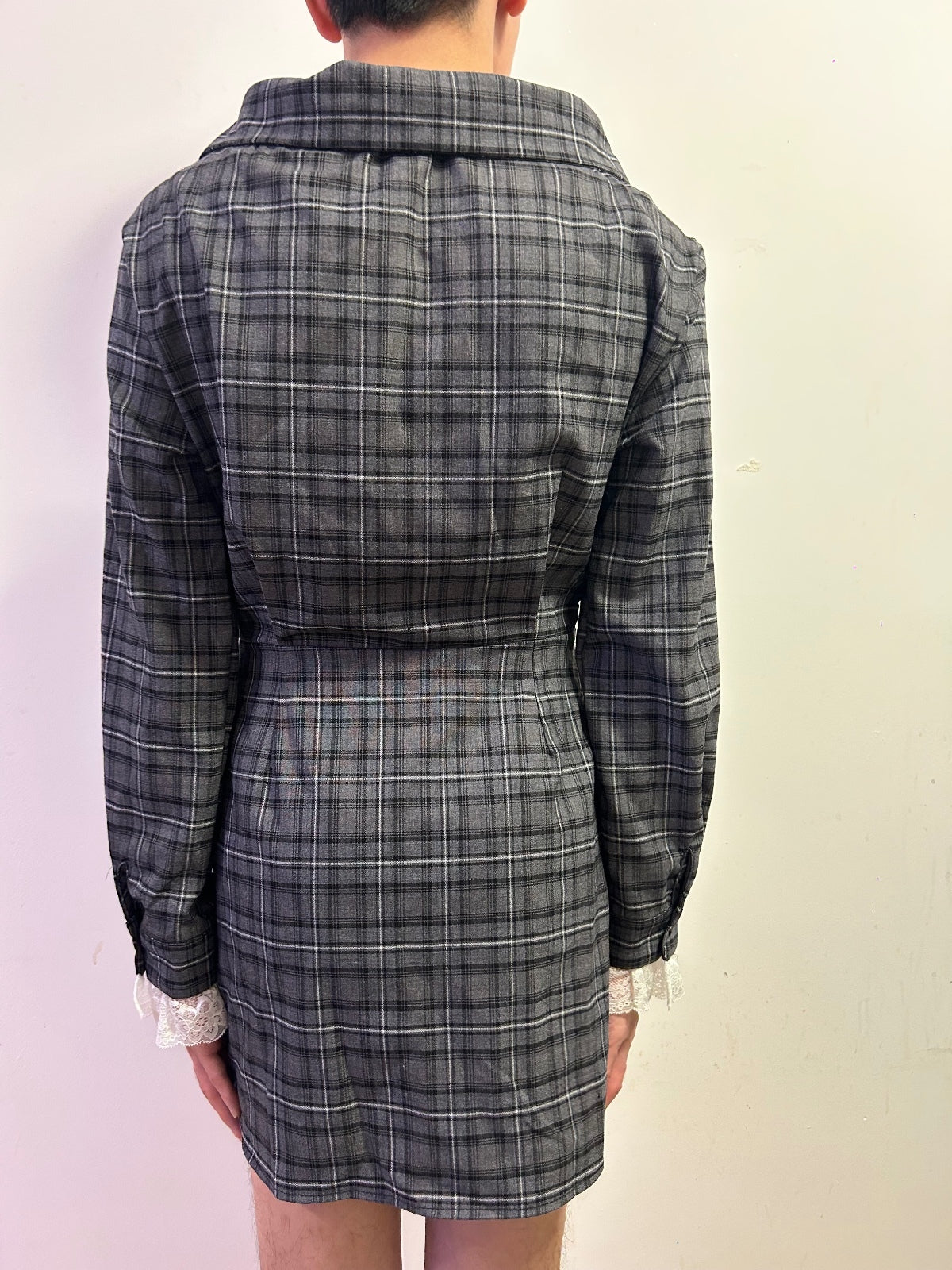 Korean Grey Plaid Lace Cuff Mini Dress Dark Academia UK 14