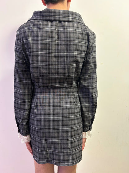 Korean Grey Plaid Lace Cuff Mini Dress Dark Academia UK 14