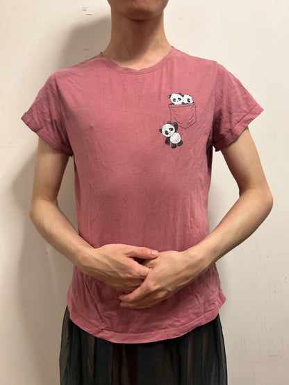 Cute Pink Panda Pocket T-Shirt | Size S | Soft Casual Graphic Tee