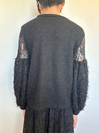 Black Lace Balloon Sleeve Knit Jumper | Sheer Floral Lace Gothic RomantiSweater