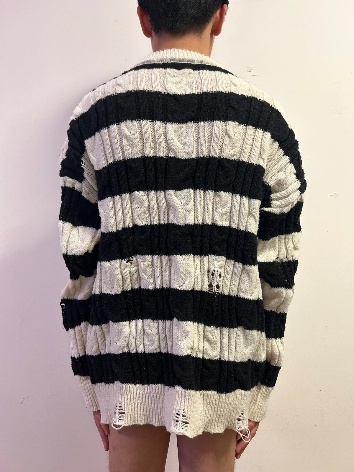 Oversized Distressed Cable Knit Striped Jumper Black White Grunge JapaneseStyle