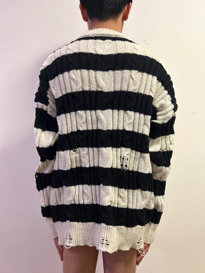 Oversized Distressed Cable Knit Striped Jumper Black White Grunge JapaneseStyle