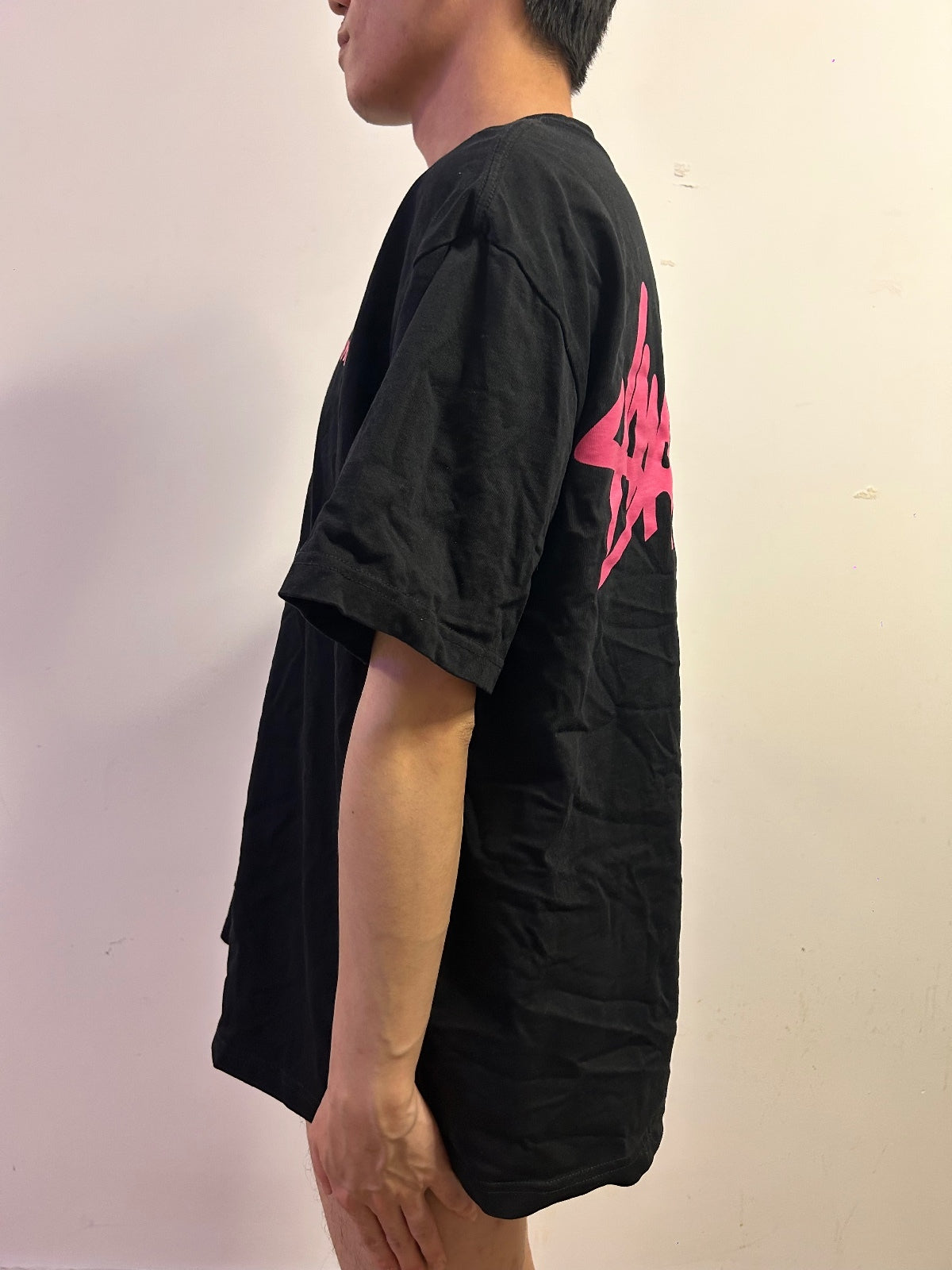 Suamoment Oversized Black Graphic T-Shirt Pink Logo 100% Cotton Size L