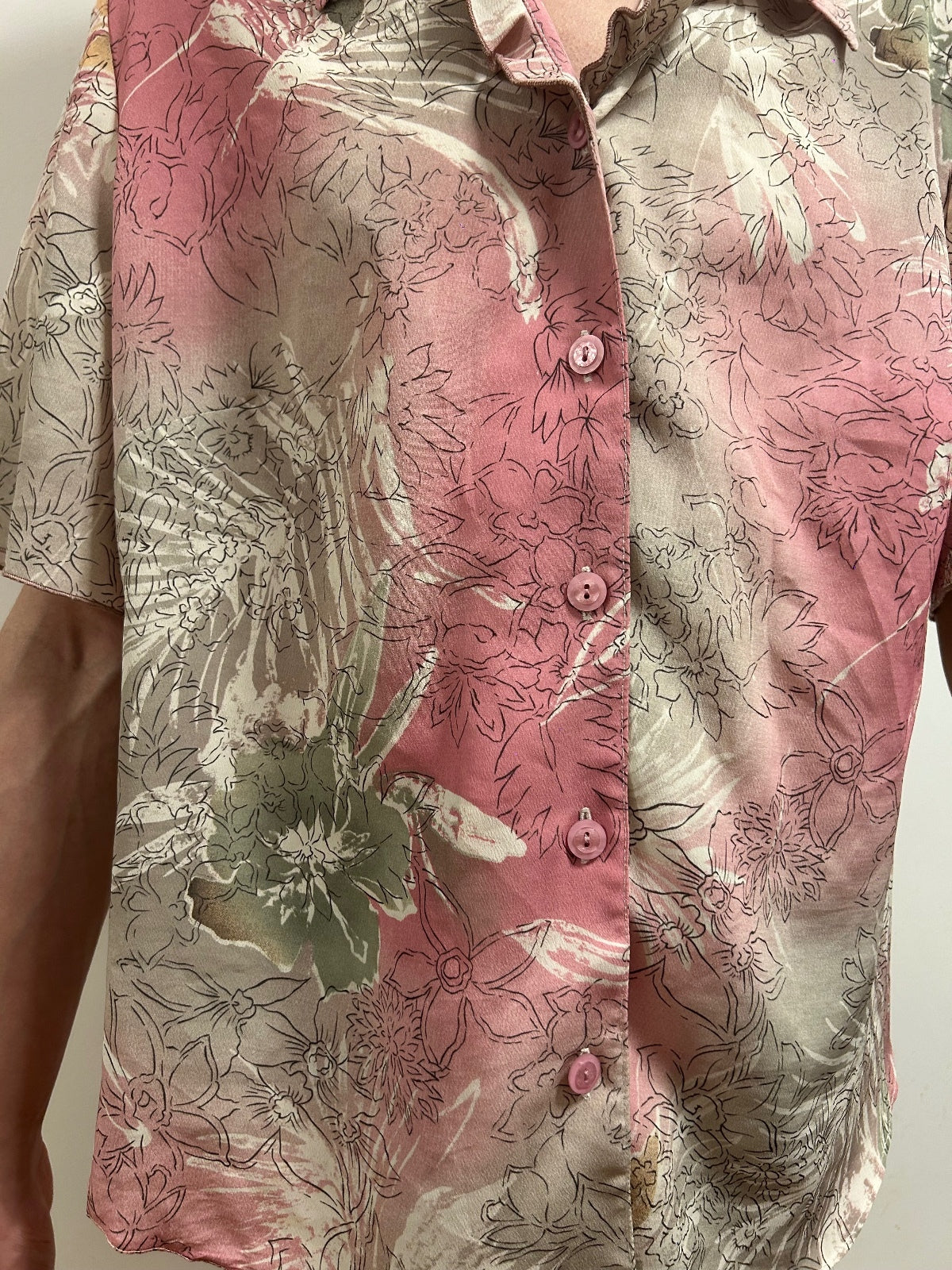 Vintage Setterlady Floral Blouse 44 UK 16)Pink Botanical Short Sleeve Shirt