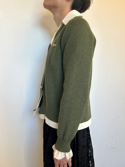 Vintage Olive Green Knit Cardigan | Pearl Button Sweater | Dark Academia