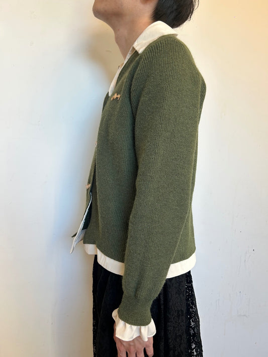 Vintage Olive Green Knit Cardigan | Pearl Button Sweater | Dark Academia