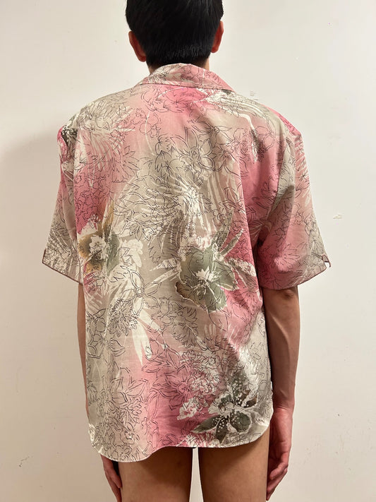 Vintage Setterlady Floral Blouse 44 UK 16)Pink Botanical Short Sleeve Shirt