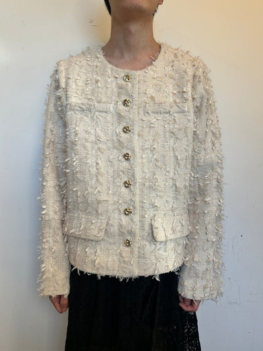 NEXT Premium Cream Bouclé Tweed Jacket Gold Button Textured Blazer UK 20