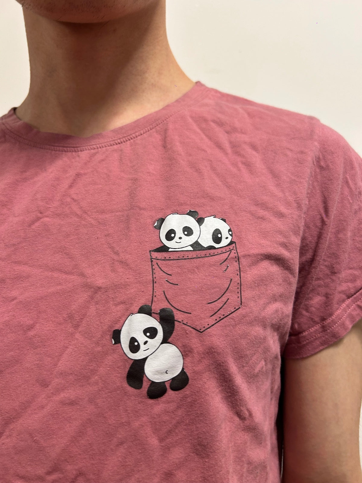Cute Pink Panda Pocket T-Shirt | Size S | Soft Casual Graphic Tee