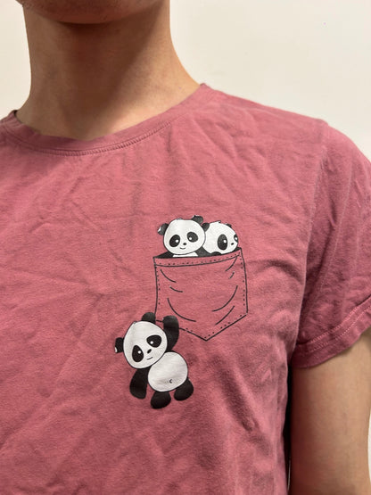 Cute Pink Panda Pocket T-Shirt | Size S | Soft Casual Graphic Tee